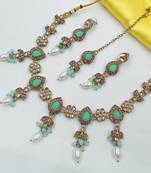 Pista color necklace set with earrings & maang tikka | kundan and agate stone | antique gold plating