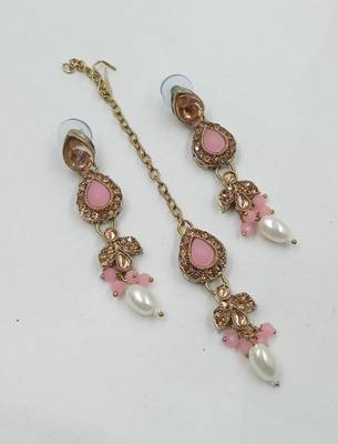 Beby pink color necklace set with earrings & maang tikka | kundan and agate stone | antique gold plating 3