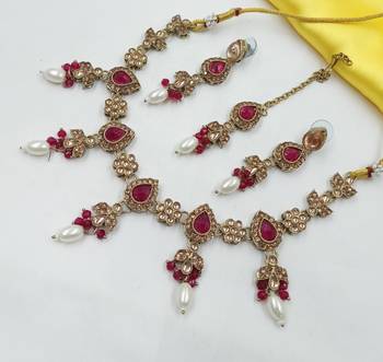Majanta color necklace set with earrings & maang tikka | kundan and agate stone | antique gold plating 2