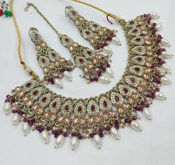 Majanta color necklace set with earrings & maang tikka | kundan and agate stone | antique gold plating 1