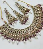Majanta color necklace set with earrings & maang tikka | kundan and agate stone | antique gold plating
