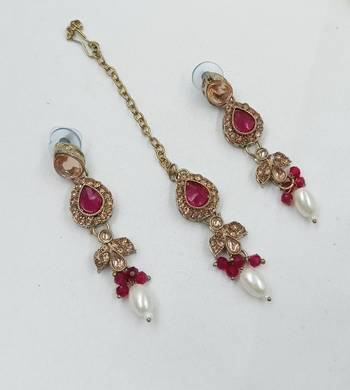 Majanta color necklace set with earrings & maang tikka | kundan and agate stone | antique gold plating 3