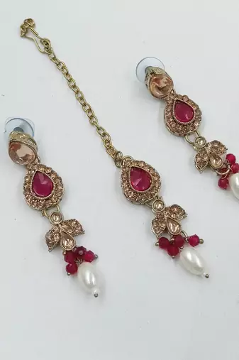 Majanta color necklace set with earrings & maang tikka | kundan and agate stone | antique gold plating