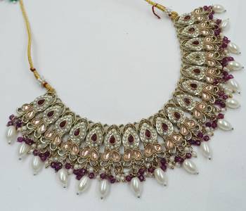 Majanta color necklace set with earrings & maang tikka | kundan and agate stone | antique gold plating 2