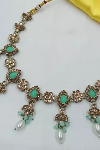 Pista color necklace set with earrings & maang tikka | kundan and agate stone | antique gold plating