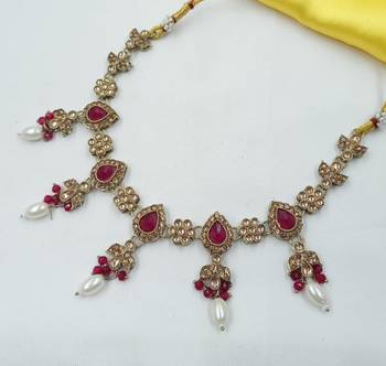 Majanta color necklace set with earrings & maang tikka | kundan and agate stone | antique gold plating 4