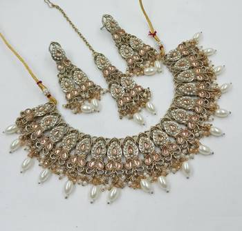 L c t color necklace set with earrings & maang tikka | kundan and agate stone | antique gold plating 1