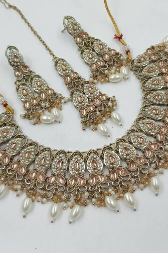 L c t color necklace set with earrings & maang tikka | kundan and agate stone | antique gold plating