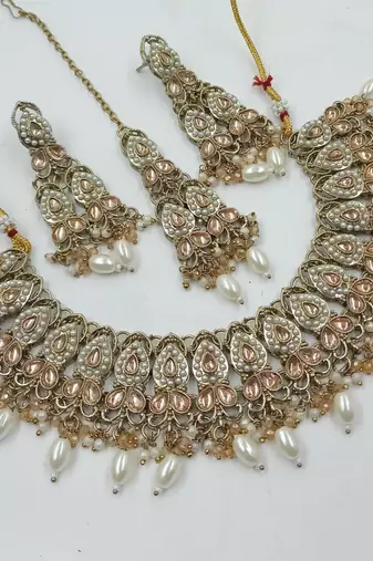 L c t color necklace set with earrings & maang tikka | kundan and agate stone | antique gold plating