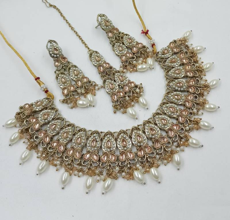 L c t color necklace set with earrings & maang tikka | kundan and agate stone | antique gold plating