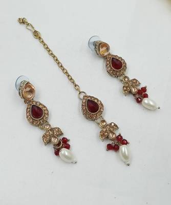 Maroon color necklace set with earrings & maang tikka | kundan and agate stone | antique gold plating 3