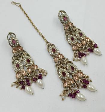 Majanta color necklace set with earrings & maang tikka | kundan and agate stone | antique gold plating 3