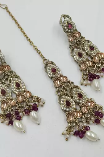 Majanta color necklace set with earrings & maang tikka | kundan and agate stone | antique gold plating