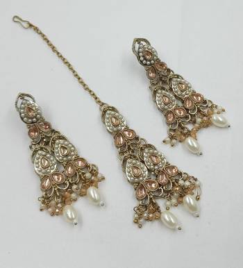 L c t color necklace set with earrings & maang tikka | kundan and agate stone | antique gold plating 2