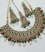 Maroon green color necklace set with earrings & maang tikka | kundan and agate stone | antique gold plating