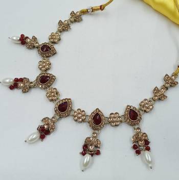 Maroon color necklace set with earrings & maang tikka | kundan and agate stone | antique gold plating 4