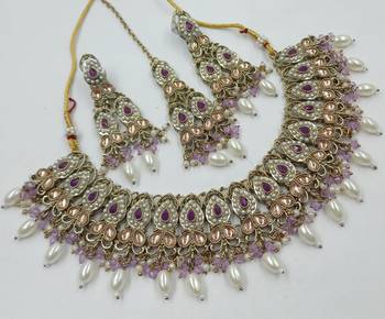 Purple color necklace set with earrings & maang tikka | kundan and agate stone | antique gold plating 2