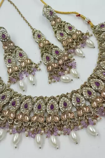 Purple color necklace set with earrings & maang tikka | kundan and agate stone | antique gold plating