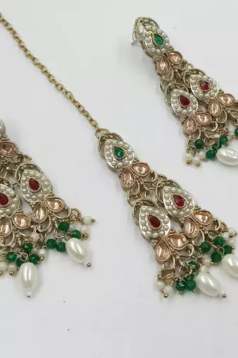 Maroon green color necklace set with earrings & maang tikka | kundan and agate stone | antique gold plating