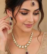 Magenta color necklace set with earrings & maang tikka | kundan and agate stone | antique gold plating