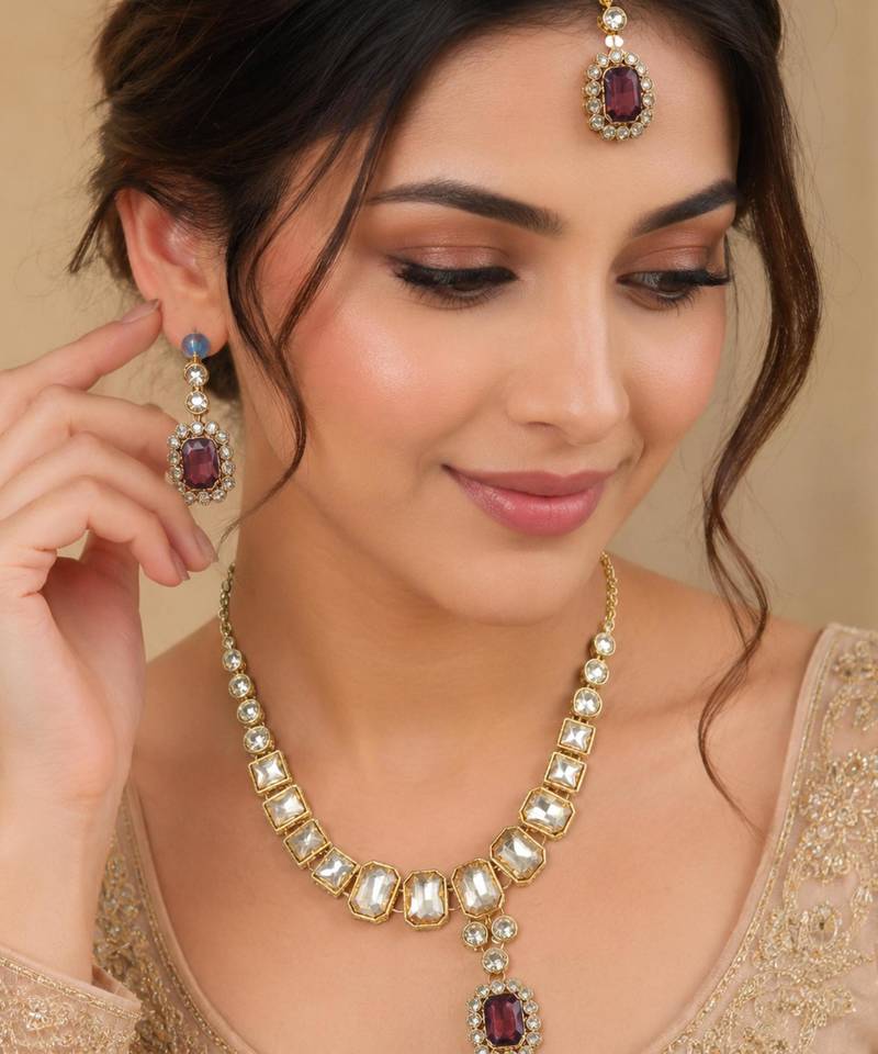 Magenta color necklace set with earrings & maang tikka | kundan and agate stone | antique gold plating