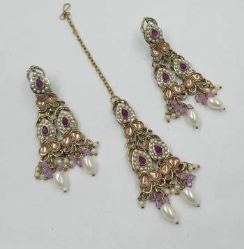 Purple color necklace set with earrings & maang tikka | kundan and agate stone | antique gold plating 3