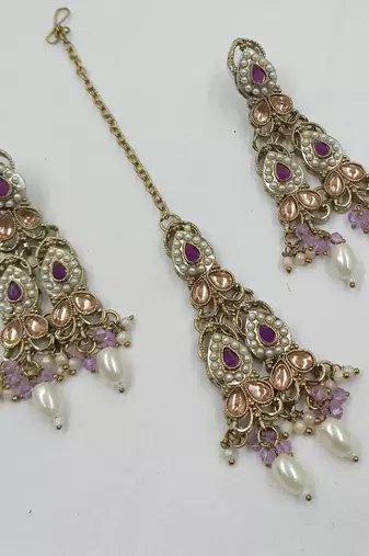 Purple color necklace set with earrings & maang tikka | kundan and agate stone | antique gold plating