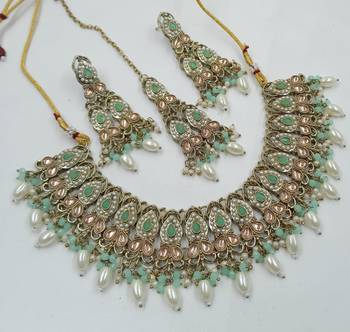 Pista color necklace set with earrings & maang tikka | kundan and agate stone | antique gold plating 2