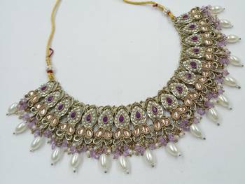 Purple color necklace set with earrings & maang tikka | kundan and agate stone | antique gold plating 4