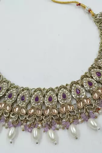 Purple color necklace set with earrings & maang tikka | kundan and agate stone | antique gold plating