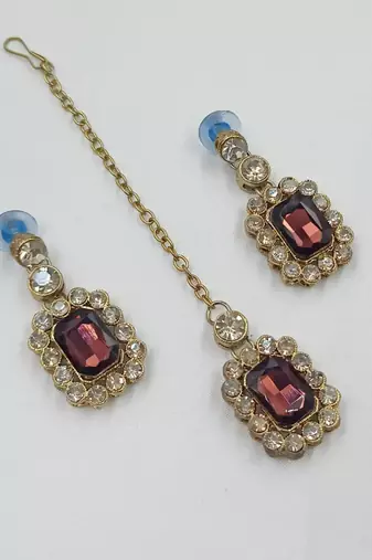 Magenta color necklace set with earrings & maang tikka | kundan and agate stone | antique gold plating