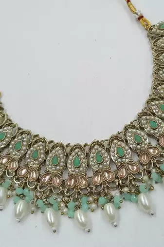Pista color necklace set with earrings & maang tikka | kundan and agate stone | antique gold plating