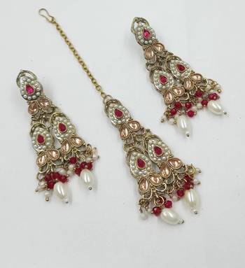 Maroon color necklace set with earrings & maang tikka | kundan and agate stone | antique gold plating 3