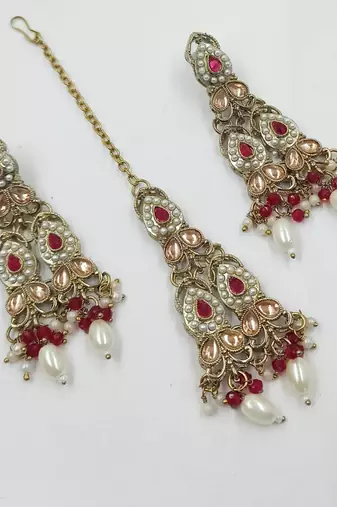 Maroon color necklace set with earrings & maang tikka | kundan and agate stone | antique gold plating