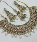 Pista pink color necklace set with earrings & maang tikka | kundan and agate stone | antique gold plating