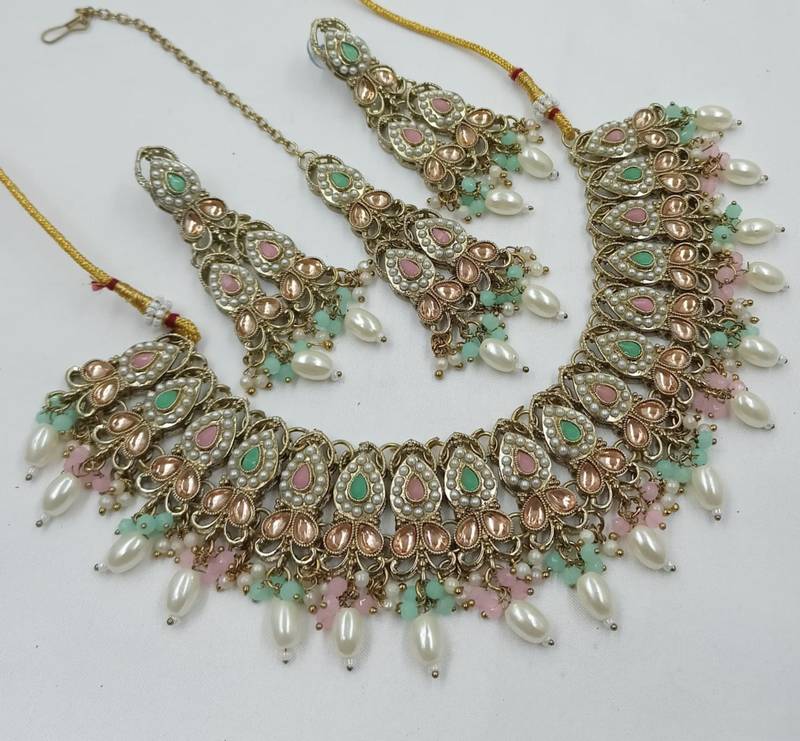 Pista pink color necklace set with earrings & maang tikka | kundan and agate stone | antique gold plating
