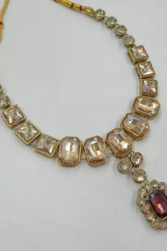 Magenta color necklace set with earrings & maang tikka | kundan and agate stone | antique gold plating