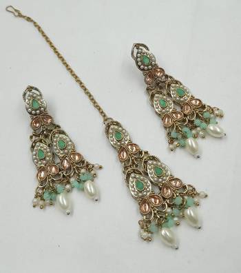 Pista color necklace set with earrings & maang tikka | kundan and agate stone | antique gold plating 4