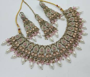 Beby pink color necklace set with earrings & maang tikka | kundan and agate stone | antique gold plating 2
