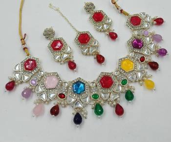Multy color necklace set with earrings & maang tikka | kundan & agate stone | lekar gold plating 3