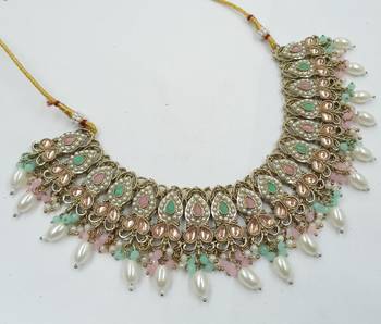 Pista pink color necklace set with earrings & maang tikka | kundan and agate stone | antique gold plating 3