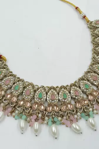 Pista pink color necklace set with earrings & maang tikka | kundan and agate stone | antique gold plating