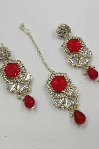 Multy color necklace set with earrings & maang tikka | kundan & agate stone | lekar gold plating