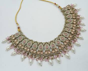 Beby pink color necklace set with earrings & maang tikka | kundan and agate stone | antique gold plating 4