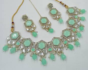 Pista color necklace set with earrings & maang tikka | kundan & agate stone | lekar gold plating 3