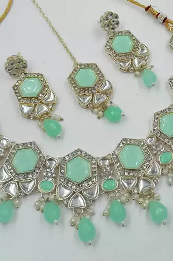 Pista color necklace set with earrings & maang tikka | kundan & agate stone | lekar gold plating