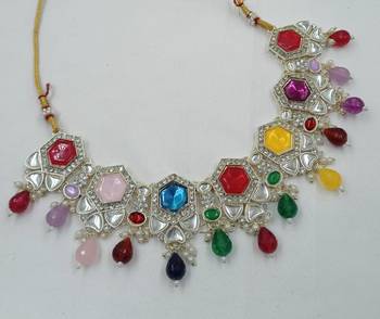 Multy color necklace set with earrings & maang tikka | kundan & agate stone | lekar gold plating 5