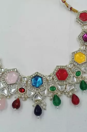 Multy color necklace set with earrings & maang tikka | kundan & agate stone | lekar gold plating