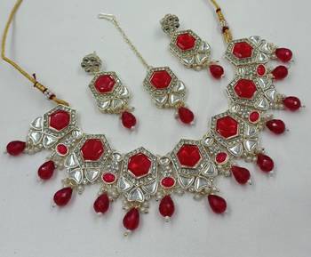 Red color necklace set with earrings & maang tikka | kundan & agate stone | lekar gold plating 2