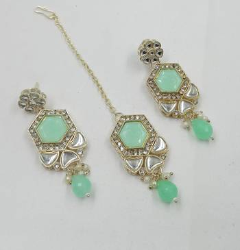 Pista color necklace set with earrings & maang tikka | kundan & agate stone | lekar gold plating 4